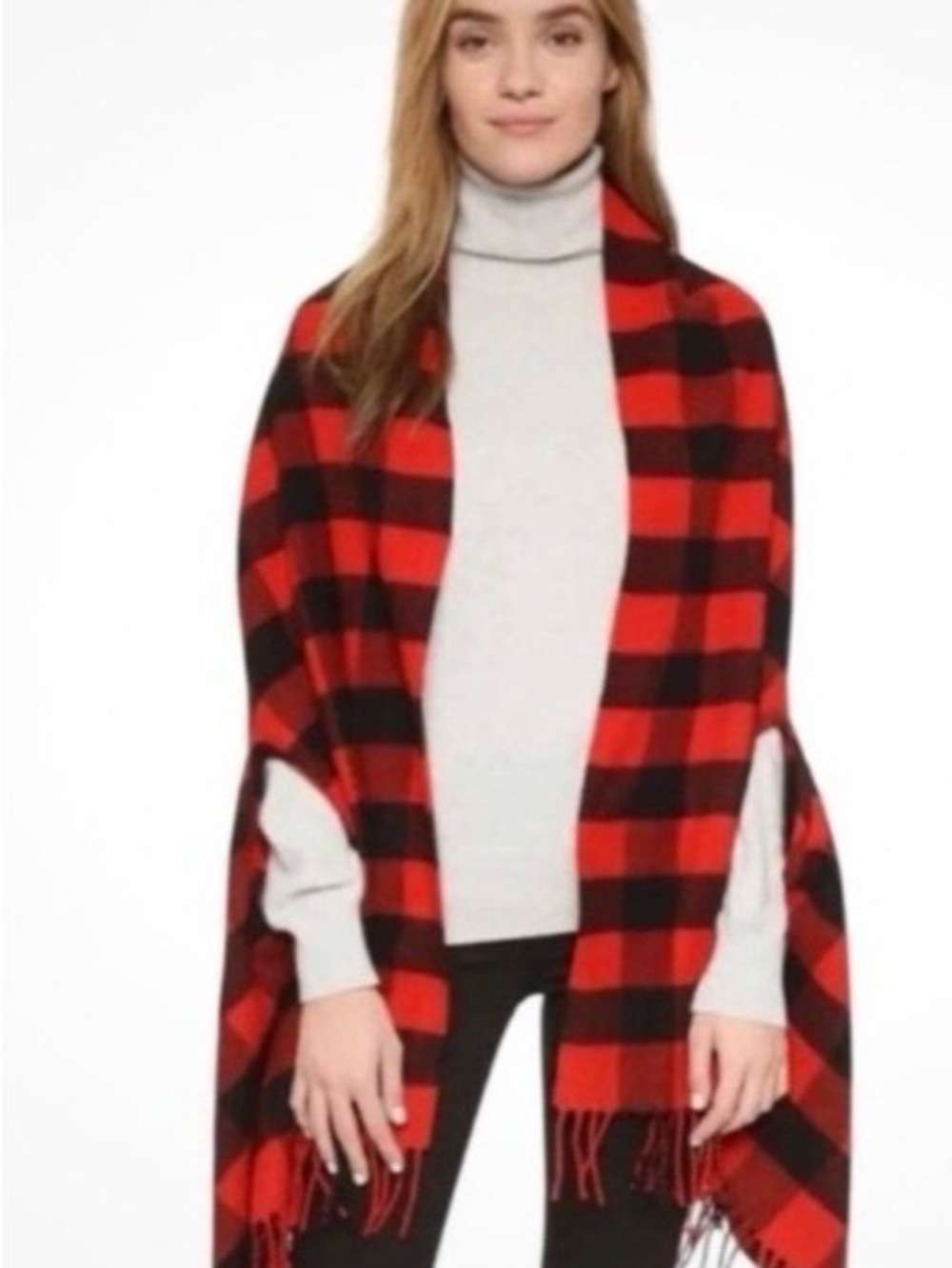 Madewell Red and Black Plaid Fringe Wrap